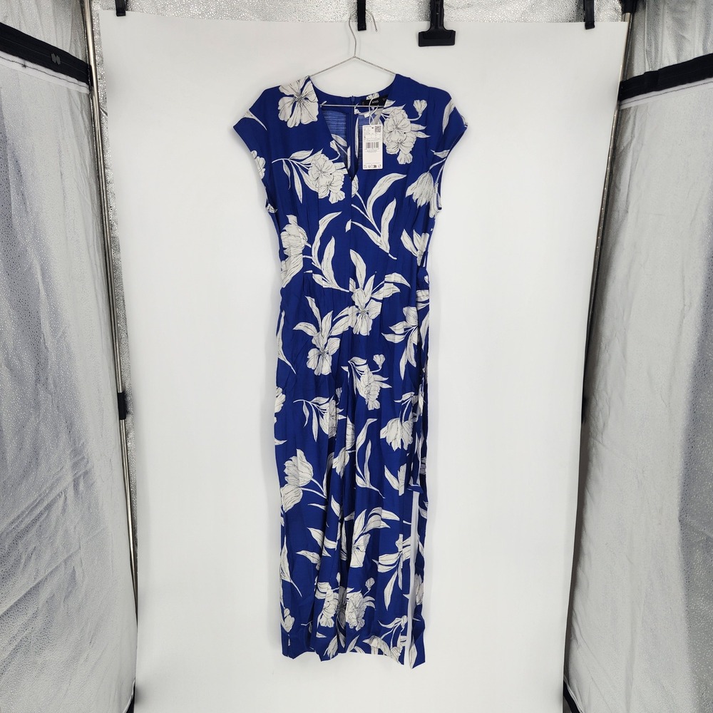 Mango Woman Lorain Floral Jumpsuit Blue White Tropical Wide Leg NWT Size S